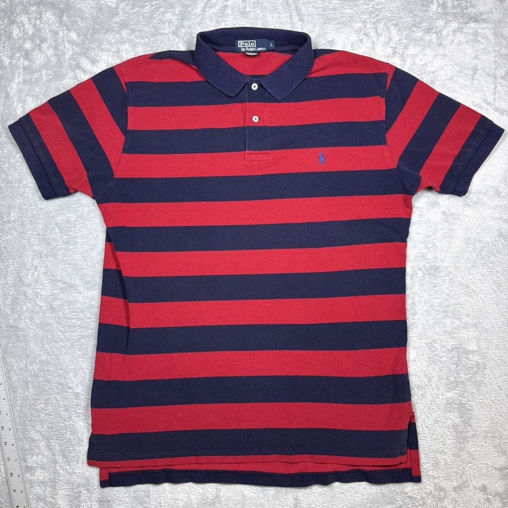 Vintage Polo Ralph Lauren Polo Shirt Men L Blue Red Striped Distressed